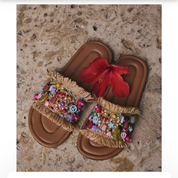 Free People Shipwrecked Multicolor Beaded Raffia Slide Sandals - Picture 9 of 10